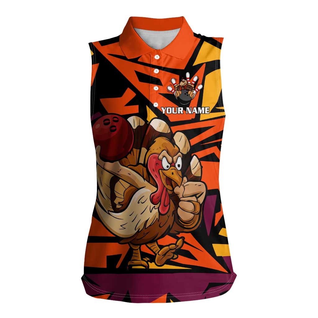Custom Turkey Bowling Women Sleeveless Polo Shirt with Cartoon Turkey Striker and Orange Geometric Pattern - Wonder Print Shop