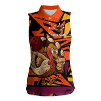 Custom Turkey Bowling Women Sleeveless Polo Shirt with Cartoon Turkey Striker and Orange Geometric Pattern - Wonder Print Shop