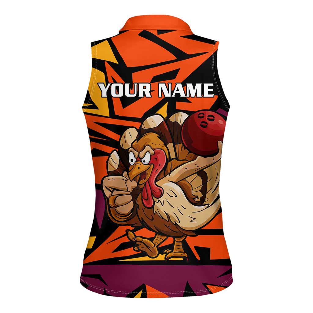 Custom Turkey Bowling Women Sleeveless Polo Shirt with Cartoon Turkey Striker and Orange Geometric Pattern - Wonder Print Shop