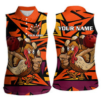 Custom Turkey Bowling Women Sleeveless Polo Shirt with Cartoon Turkey Striker and Orange Geometric Pattern - Wonder Print Shop
