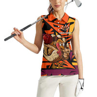 Custom Turkey Bowling Women Sleeveless Polo Shirt with Cartoon Turkey Striker and Orange Geometric Pattern - Wonder Print Shop