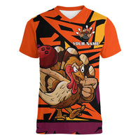 Custom Turkey Bowling Women V-Neck T-Shirt with Cartoon Turkey Striker and Orange Geometric Pattern - Wonder Print Shop
