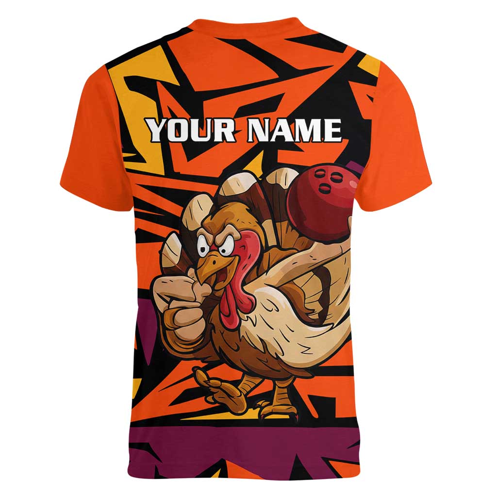 Custom Turkey Bowling Women V-Neck T-Shirt with Cartoon Turkey Striker and Orange Geometric Pattern - Wonder Print Shop