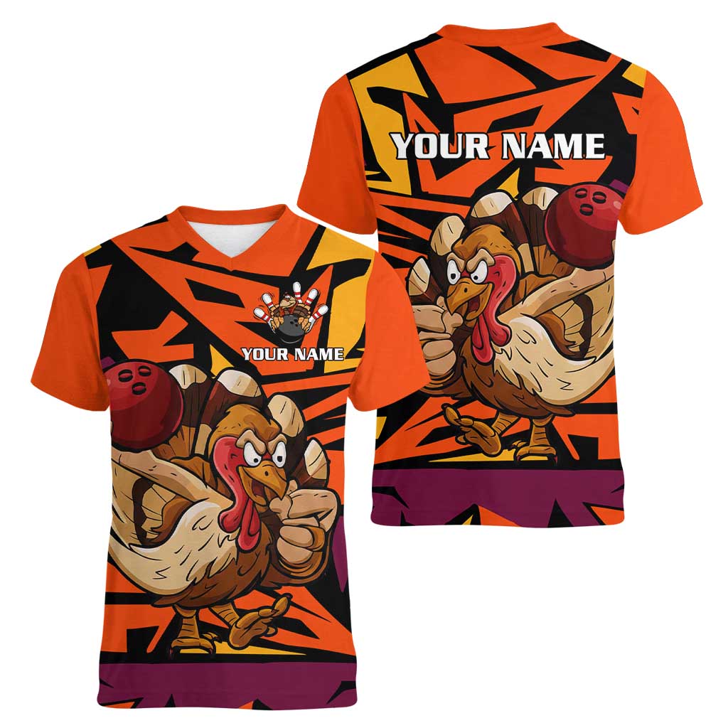 Custom Turkey Bowling Women V-Neck T-Shirt with Cartoon Turkey Striker and Orange Geometric Pattern - Wonder Print Shop