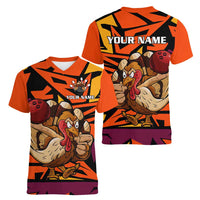 Custom Turkey Bowling Women V-Neck T-Shirt with Cartoon Turkey Striker and Orange Geometric Pattern - Wonder Print Shop