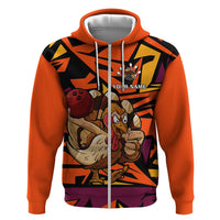 Custom Turkey Bowling Zip Hoodie with Cartoon Turkey Striker and Orange Geometric Pattern - Wonder Print Shop
