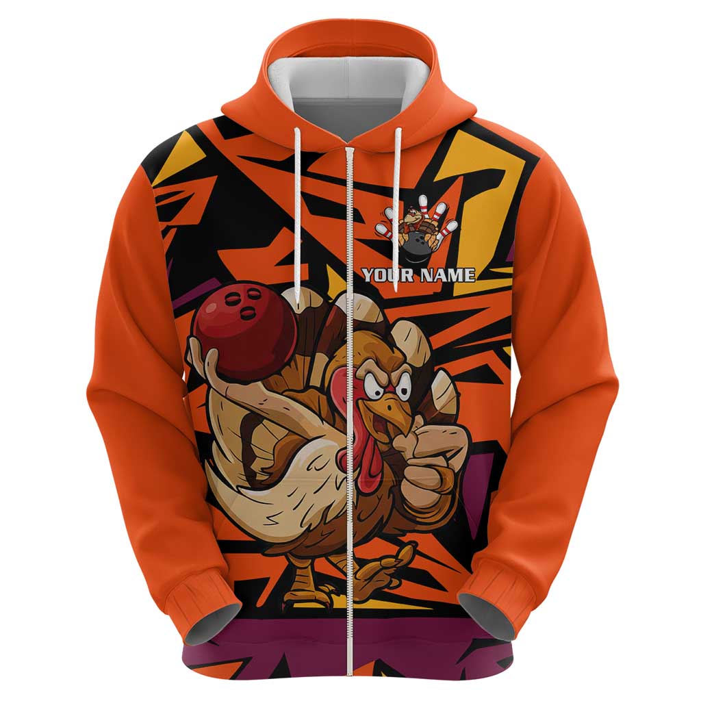 Custom Turkey Bowling Zip Hoodie with Cartoon Turkey Striker and Orange Geometric Pattern - Wonder Print Shop
