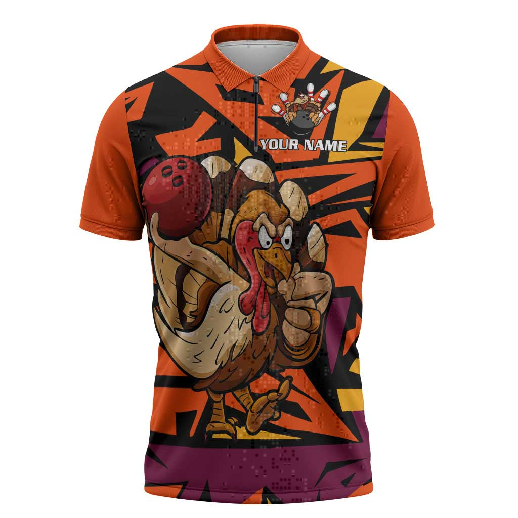 Custom Turkey Bowling Zipper Polo Shirt with Cartoon Turkey Striker and Orange Geometric Pattern - Wonder Print Shop