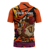 Custom Turkey Bowling Zipper Polo Shirt with Cartoon Turkey Striker and Orange Geometric Pattern - Wonder Print Shop