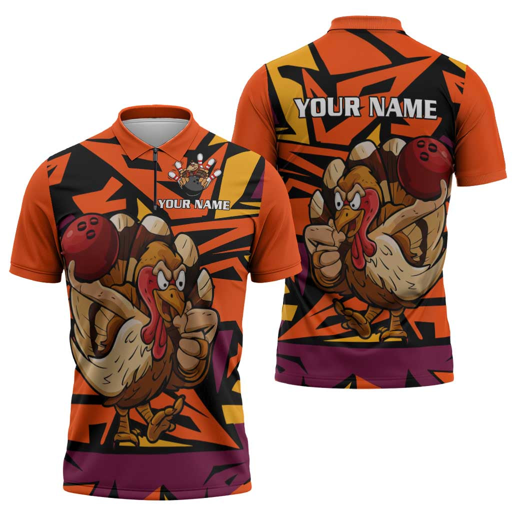Custom Turkey Bowling Zipper Polo Shirt with Cartoon Turkey Striker and Orange Geometric Pattern - Wonder Print Shop