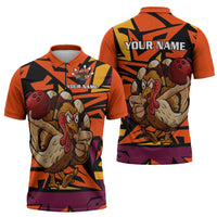 Custom Turkey Bowling Zipper Polo Shirt with Cartoon Turkey Striker and Orange Geometric Pattern - Wonder Print Shop
