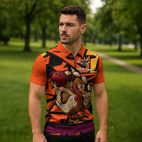 Custom Turkey Bowling Zipper Polo Shirt with Cartoon Turkey Striker and Orange Geometric Pattern - Wonder Print Shop