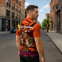 Custom Turkey Bowling Zipper Polo Shirt with Cartoon Turkey Striker and Orange Geometric Pattern - Wonder Print Shop