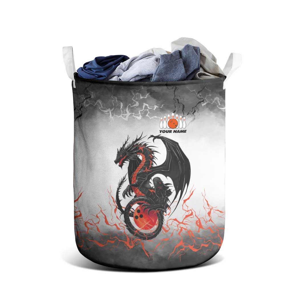 Custom Black Dragon Bowling Laundry Basket with Fiery Ball and Thunderstorm Lightning Pattern - Wonder Print Shop