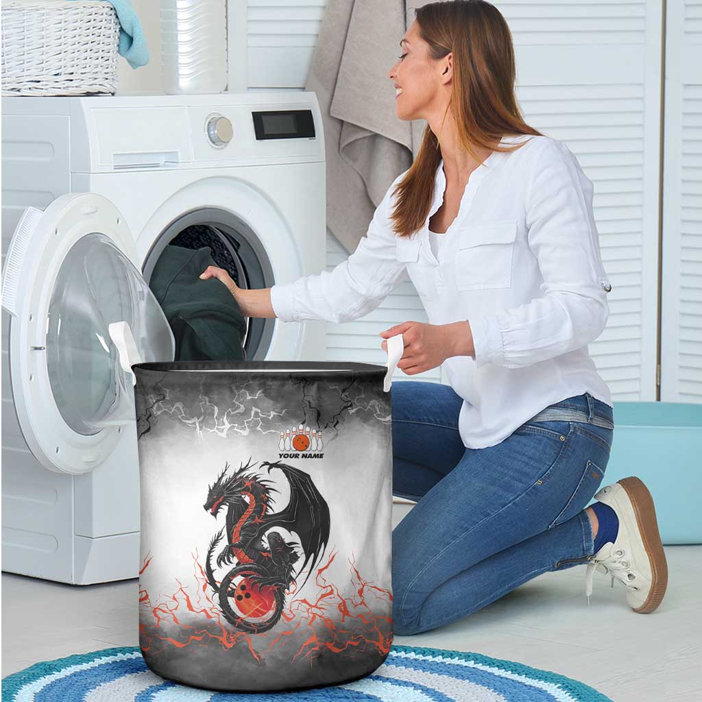 Custom Black Dragon Bowling Laundry Basket with Fiery Ball and Thunderstorm Lightning Pattern - Wonder Print Shop