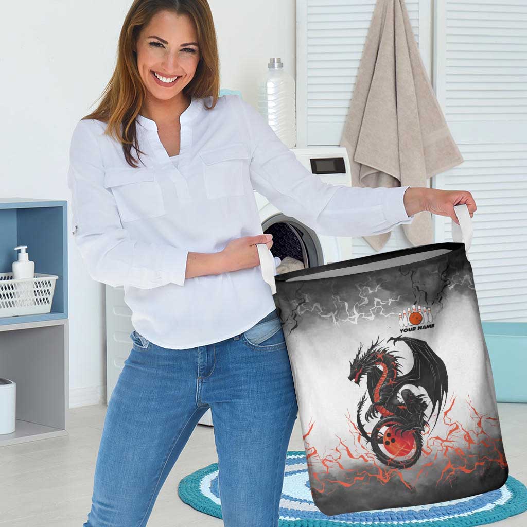 Custom Black Dragon Bowling Laundry Basket with Fiery Ball and Thunderstorm Lightning Pattern - Wonder Print Shop