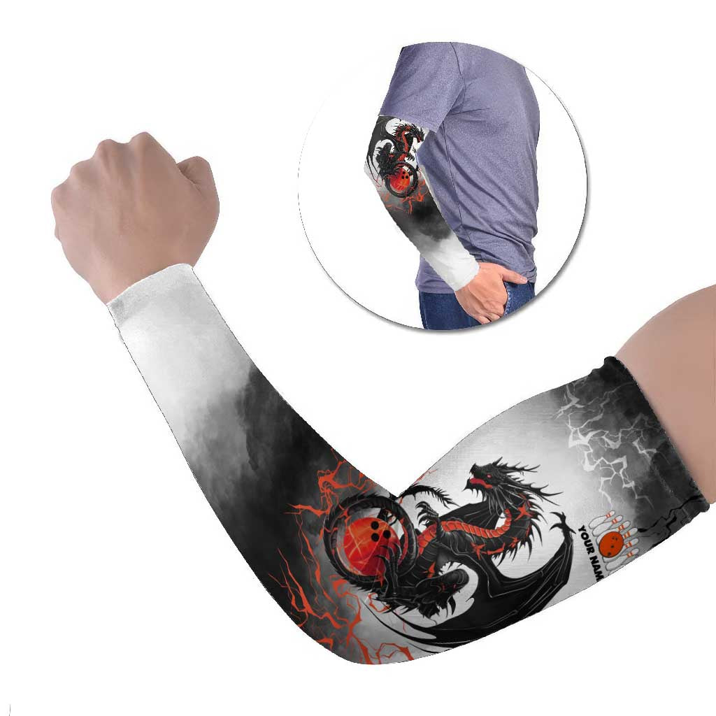 Custom Black Dragon Bowling Arm Sleeves with Fiery Ball and Thunderstorm Lightning Pattern - Wonder Print Shop