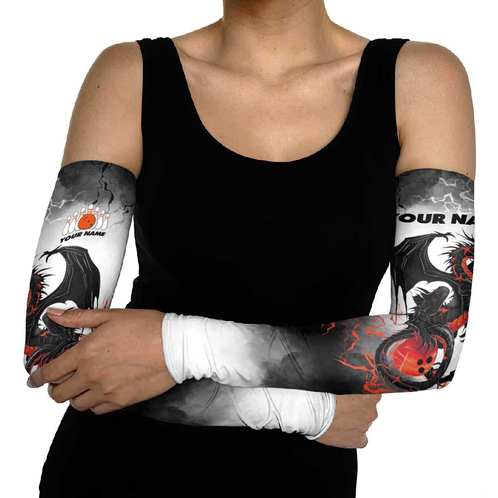 Custom Black Dragon Bowling Arm Sleeves with Fiery Ball and Thunderstorm Lightning Pattern - Wonder Print Shop
