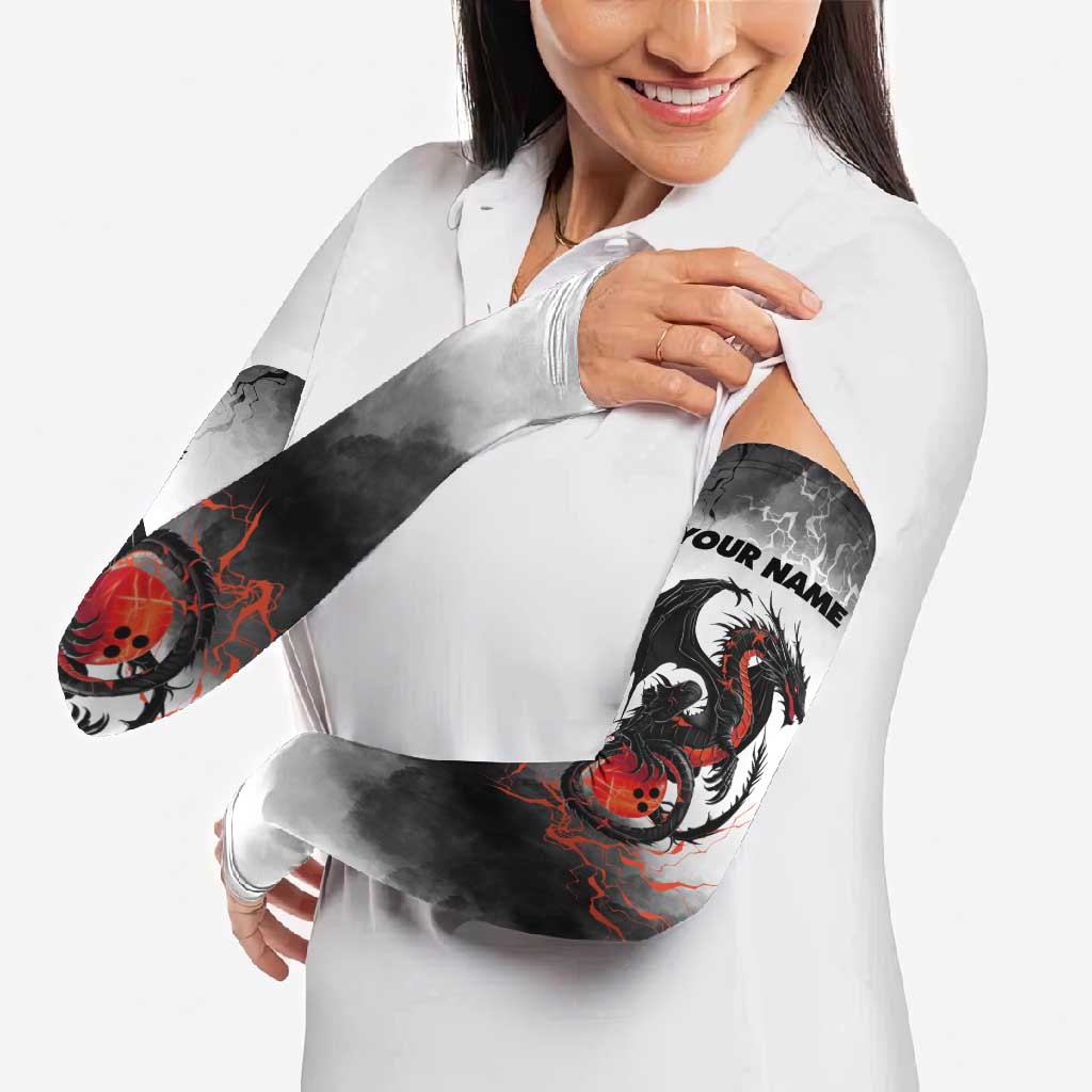 Custom Black Dragon Bowling Arm Sleeves with Fiery Ball and Thunderstorm Lightning Pattern - Wonder Print Shop