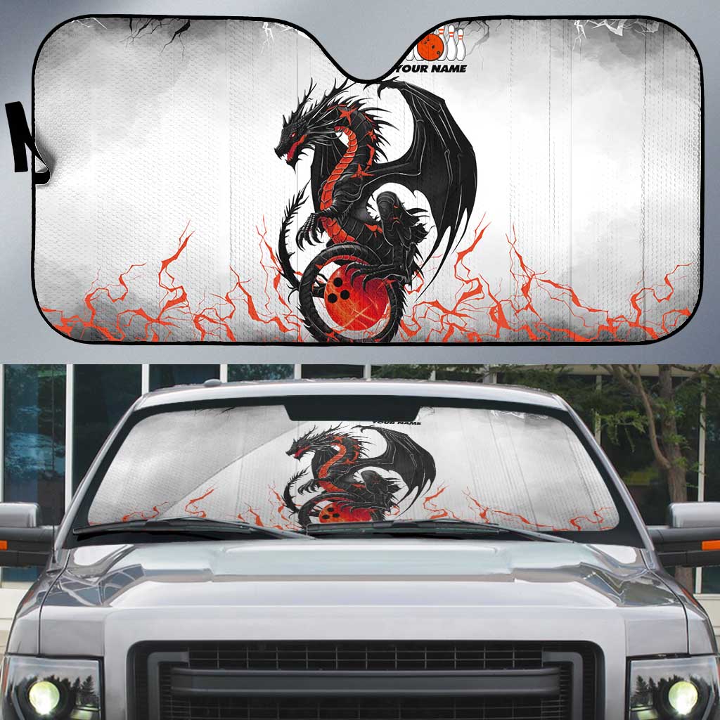 Custom Black Dragon Bowling Auto Sun Shade with Fiery Ball and Thunderstorm Lightning Pattern - Wonder Print Shop
