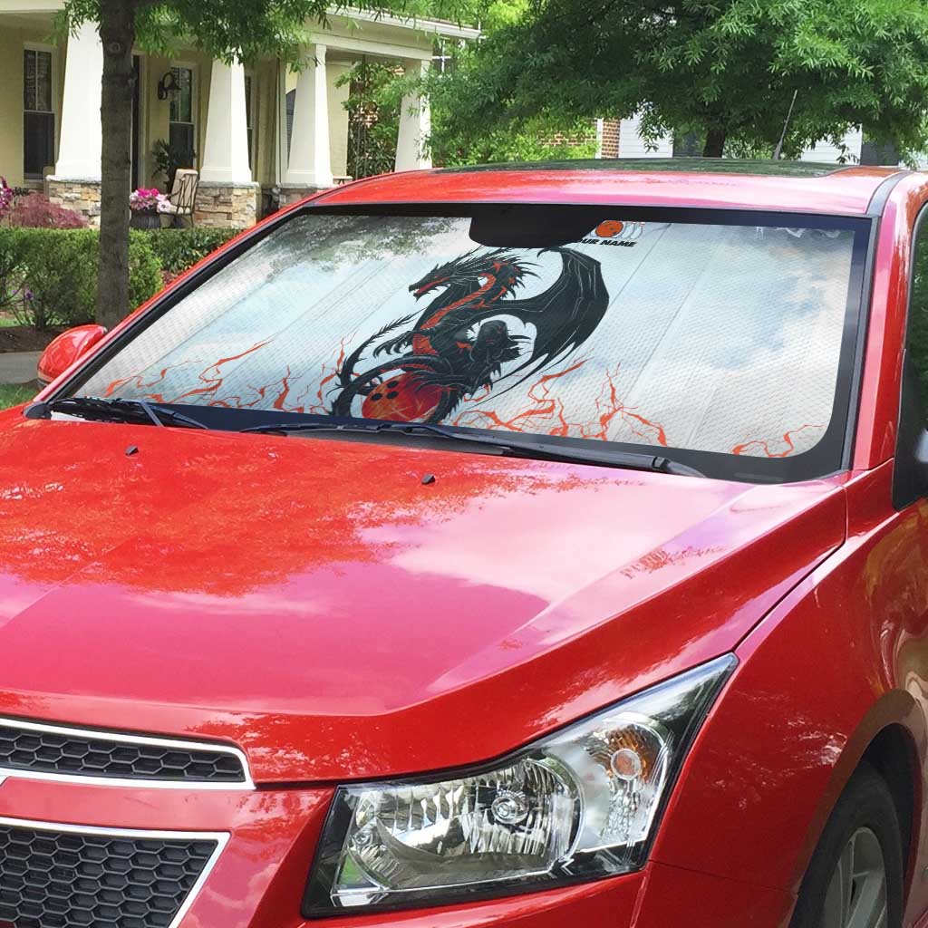 Custom Black Dragon Bowling Auto Sun Shade with Fiery Ball and Thunderstorm Lightning Pattern - Wonder Print Shop