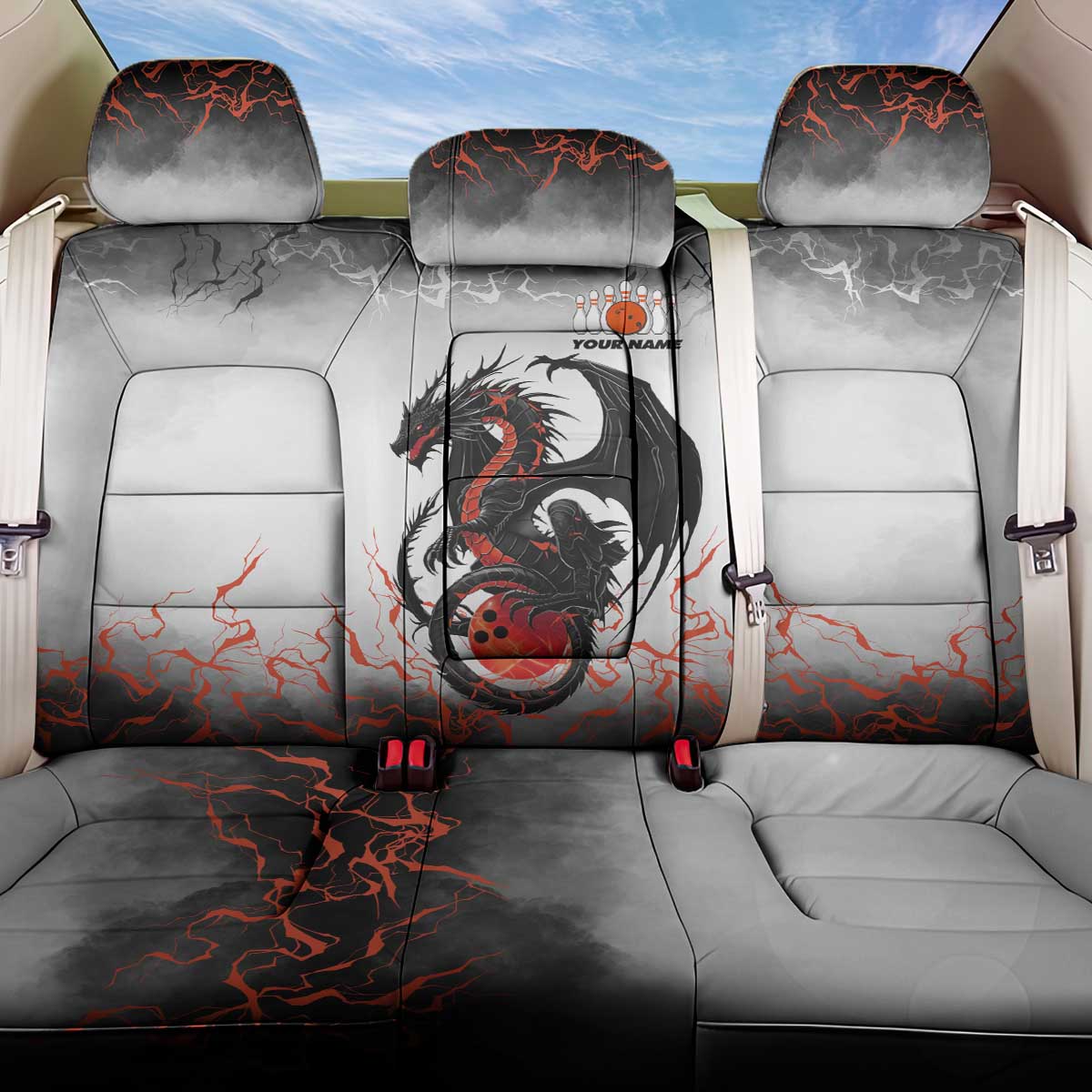 Custom Black Dragon Bowling Back Car Seat Cover with Fiery Ball and Thunderstorm Lightning Pattern - Wonder Print Shop
