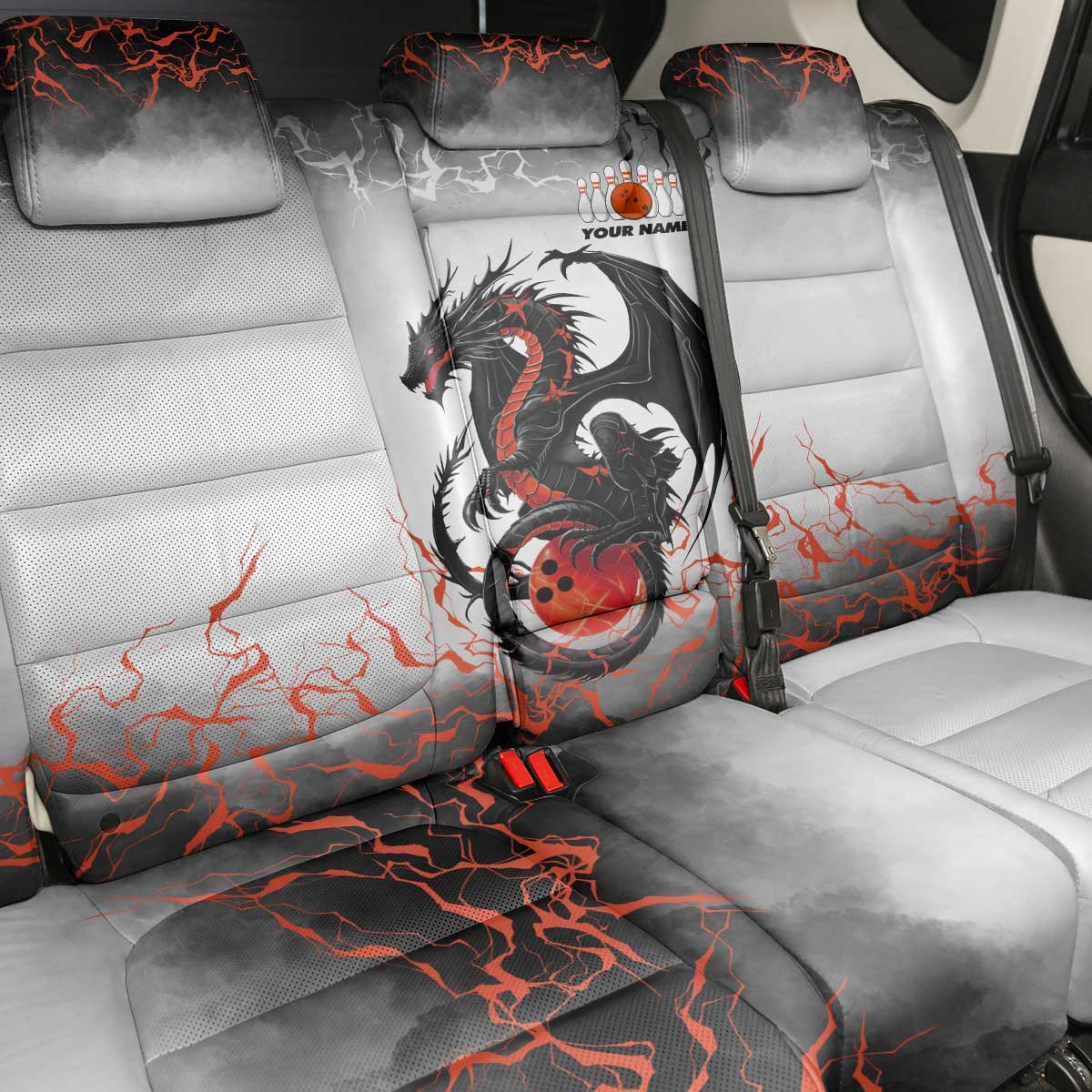 Custom Black Dragon Bowling Back Car Seat Cover with Fiery Ball and Thunderstorm Lightning Pattern - Wonder Print Shop