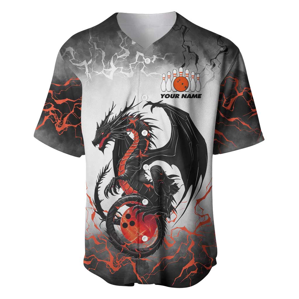 Custom Black Dragon Bowling Baseball Jersey with Fiery Ball and Thunderstorm Lightning Pattern - Wonder Print Shop