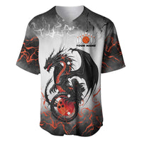 Custom Black Dragon Bowling Baseball Jersey with Fiery Ball and Thunderstorm Lightning Pattern - Wonder Print Shop