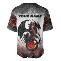 Custom Black Dragon Bowling Baseball Jersey with Fiery Ball and Thunderstorm Lightning Pattern - Wonder Print Shop