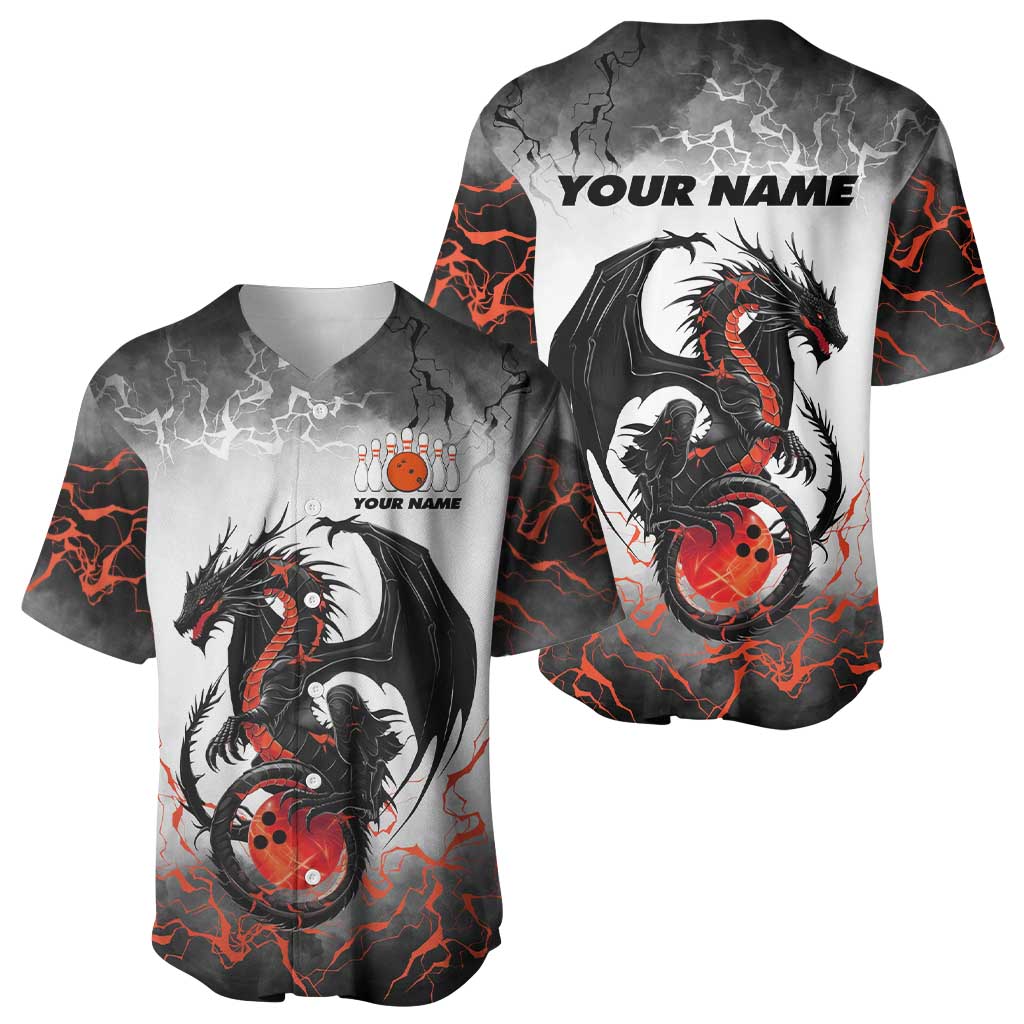 Custom Black Dragon Bowling Baseball Jersey with Fiery Ball and Thunderstorm Lightning Pattern - Wonder Print Shop