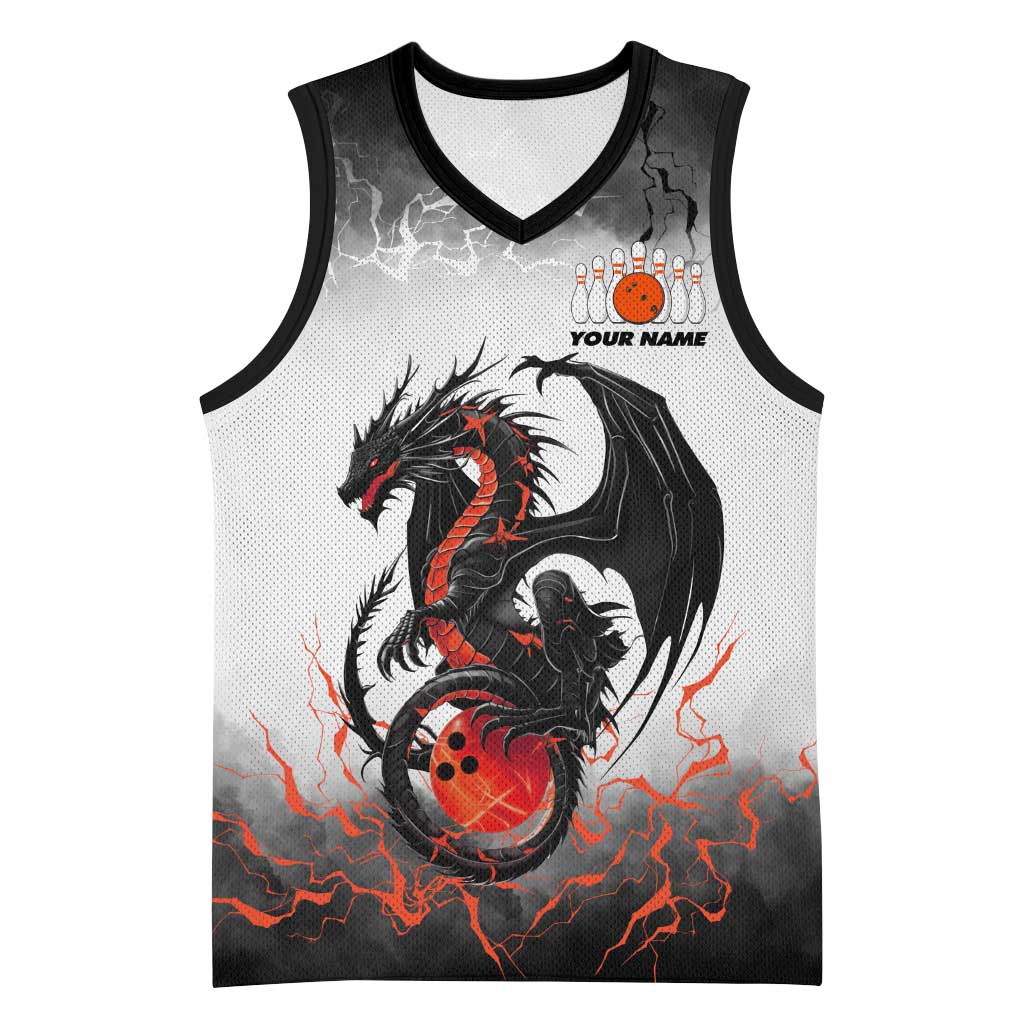 Custom Black Dragon Bowling Basketball Jersey with Fiery Ball and Thunderstorm Lightning Pattern - Wonder Print Shop