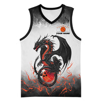 Custom Black Dragon Bowling Basketball Jersey with Fiery Ball and Thunderstorm Lightning Pattern - Wonder Print Shop