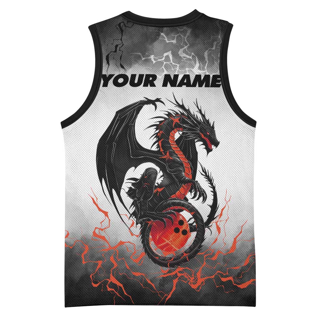 Custom Black Dragon Bowling Basketball Jersey with Fiery Ball and Thunderstorm Lightning Pattern - Wonder Print Shop