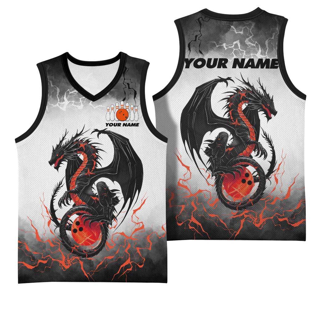 Custom Black Dragon Bowling Basketball Jersey with Fiery Ball and Thunderstorm Lightning Pattern - Wonder Print Shop