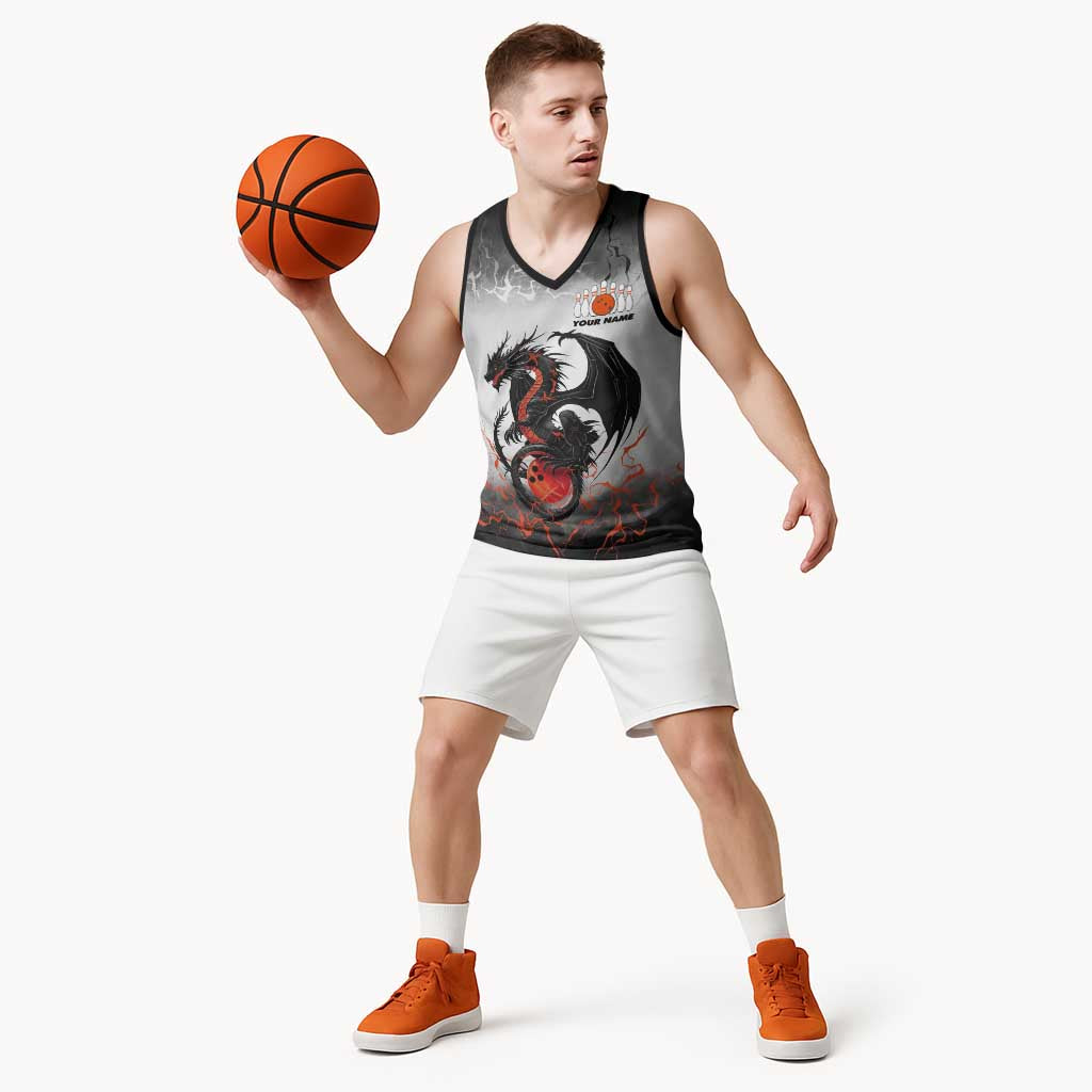 Custom Black Dragon Bowling Basketball Jersey with Fiery Ball and Thunderstorm Lightning Pattern - Wonder Print Shop