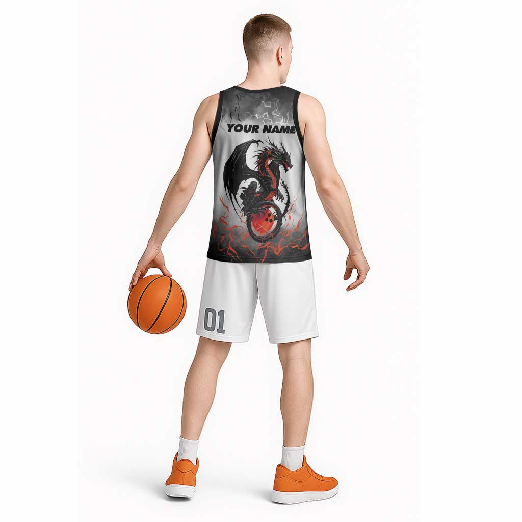 Custom Black Dragon Bowling Basketball Jersey with Fiery Ball and Thunderstorm Lightning Pattern - Wonder Print Shop