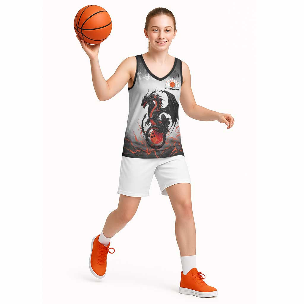 Custom Black Dragon Bowling Basketball Jersey with Fiery Ball and Thunderstorm Lightning Pattern - Wonder Print Shop