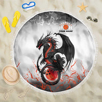 Custom Black Dragon Bowling Beach Blanket with Fiery Ball and Thunderstorm Lightning Pattern - Wonder Print Shop