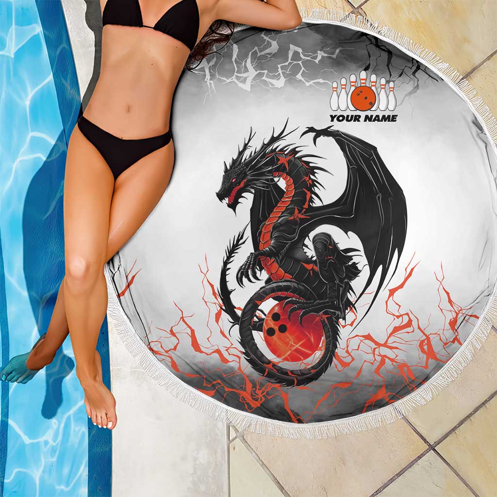 Custom Black Dragon Bowling Beach Blanket with Fiery Ball and Thunderstorm Lightning Pattern - Wonder Print Shop