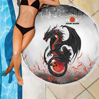 Custom Black Dragon Bowling Beach Blanket with Fiery Ball and Thunderstorm Lightning Pattern - Wonder Print Shop