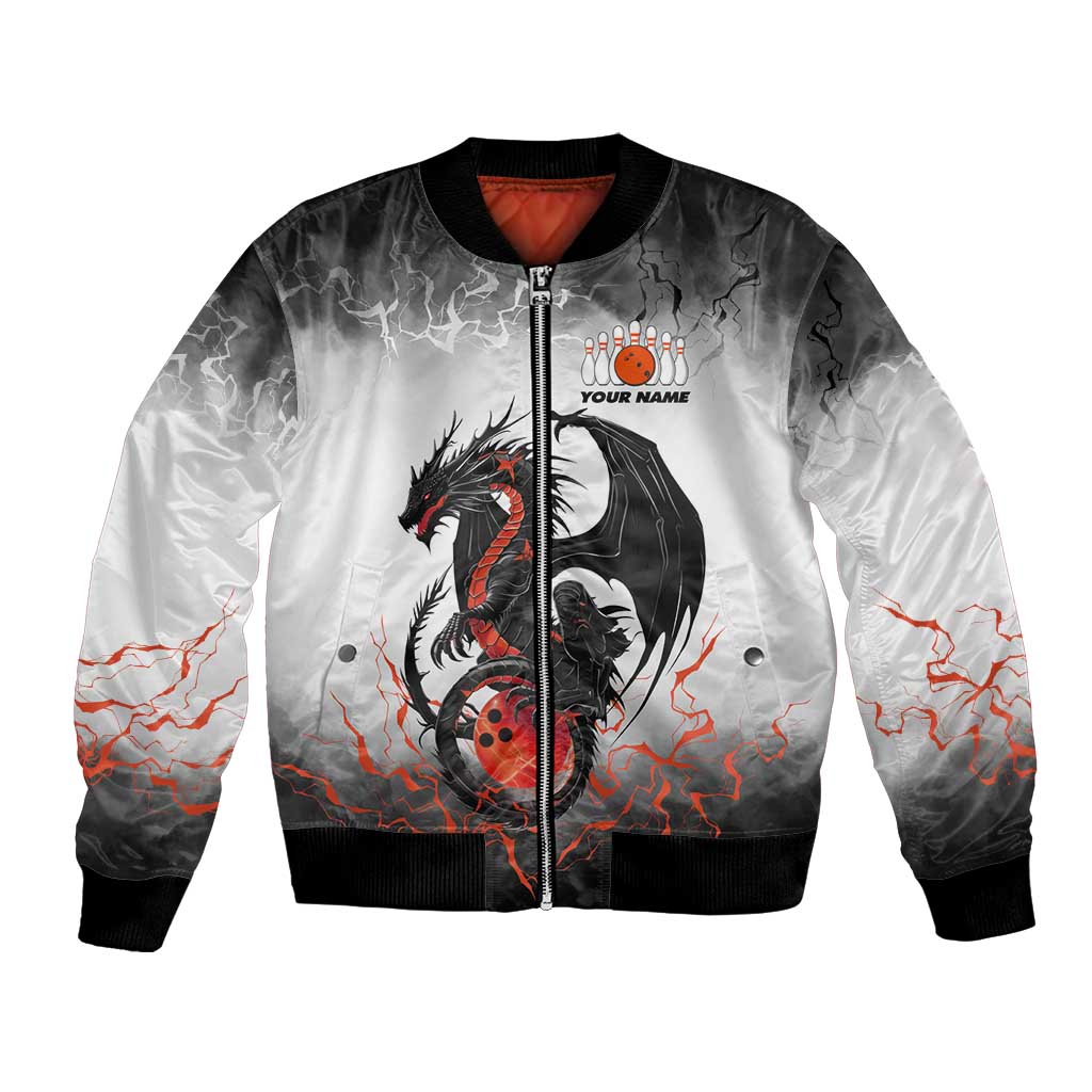 Custom Black Dragon Bowling Bomber Jacket with Fiery Ball and Thunderstorm Lightning Pattern - Wonder Print Shop