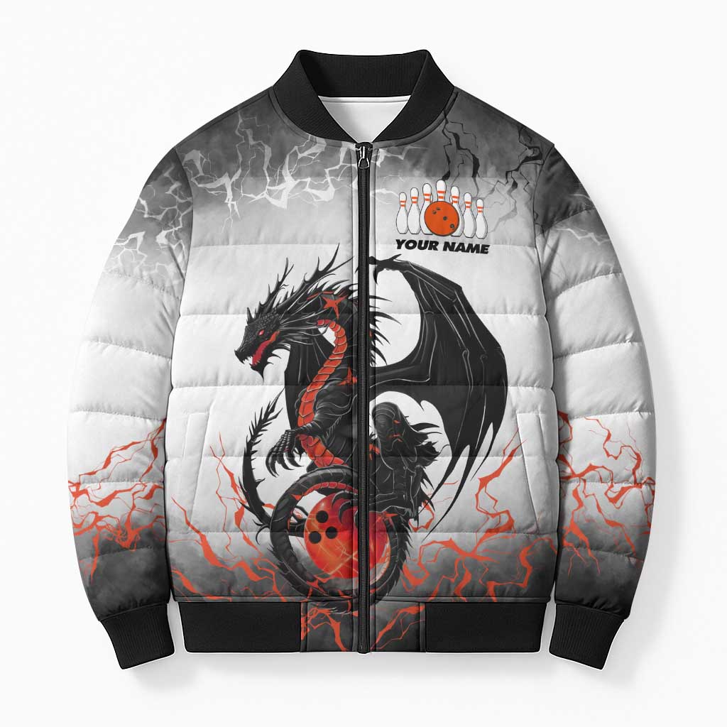 Custom Black Dragon Bowling Bomber Puffer Jacket with Fiery Ball and Thunderstorm Lightning Pattern - Wonder Print Shop