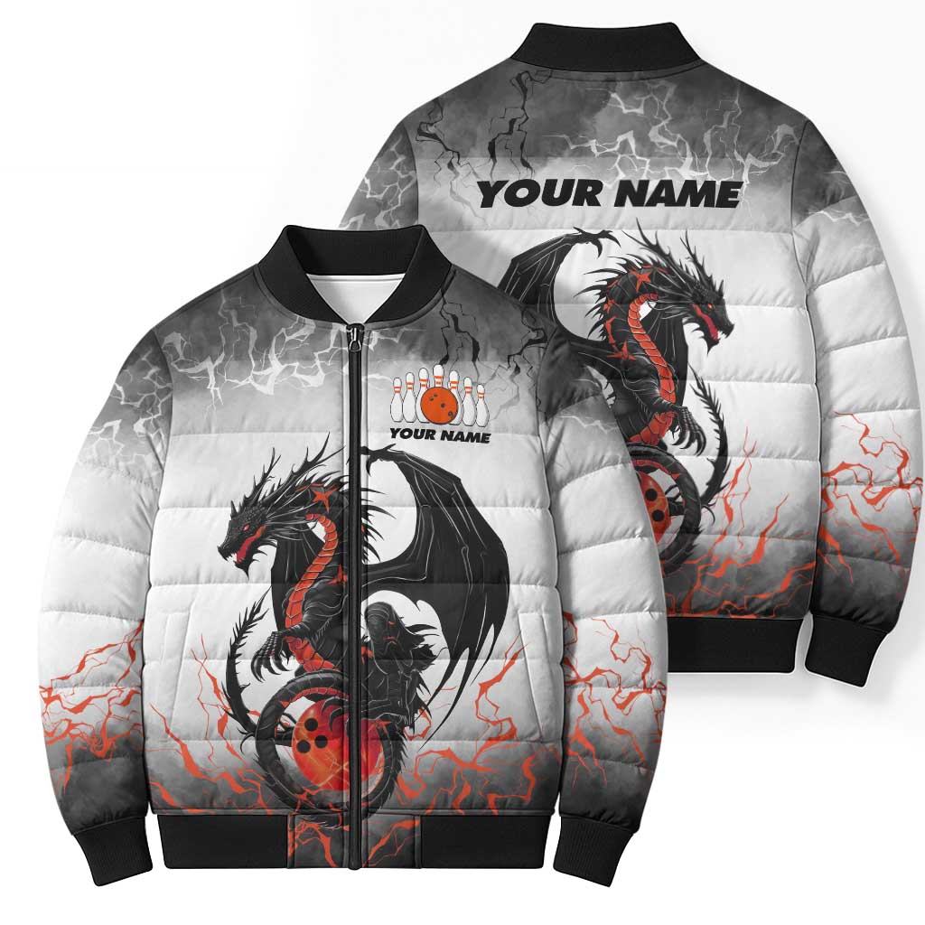 Custom Black Dragon Bowling Bomber Puffer Jacket with Fiery Ball and Thunderstorm Lightning Pattern - Wonder Print Shop