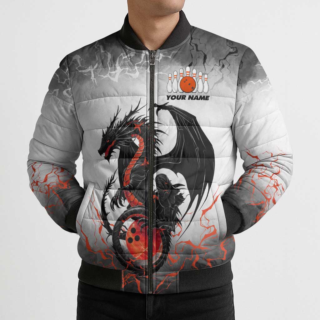 Custom Black Dragon Bowling Bomber Puffer Jacket with Fiery Ball and Thunderstorm Lightning Pattern - Wonder Print Shop