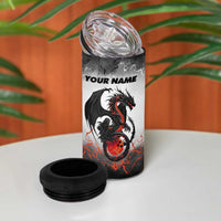 Custom Black Dragon Bowling 4 in 1 Can Cooler Tumbler with Fiery Ball and Thunderstorm Lightning Pattern - Wonder Print Shop