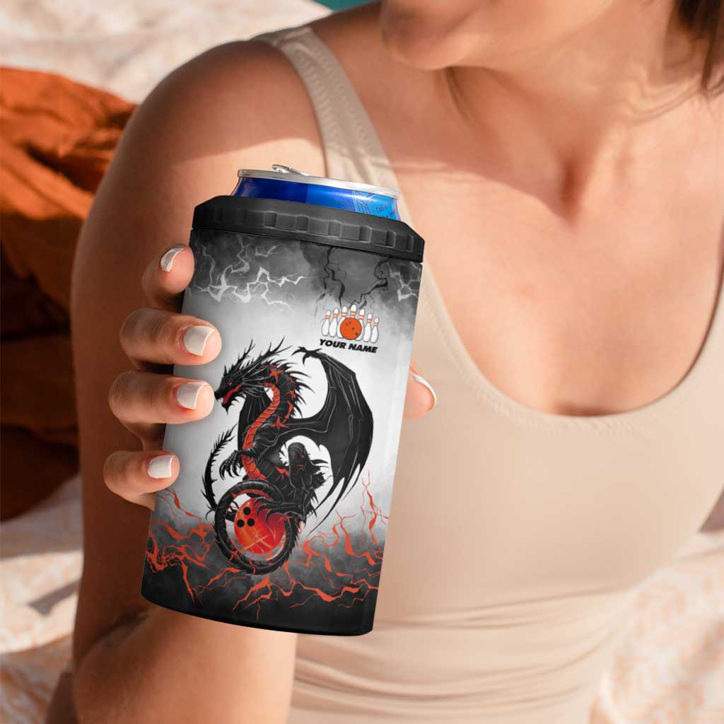 Custom Black Dragon Bowling 4 in 1 Can Cooler Tumbler with Fiery Ball and Thunderstorm Lightning Pattern - Wonder Print Shop