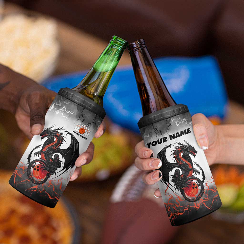 Custom Black Dragon Bowling 4 in 1 Can Cooler Tumbler with Fiery Ball and Thunderstorm Lightning Pattern - Wonder Print Shop