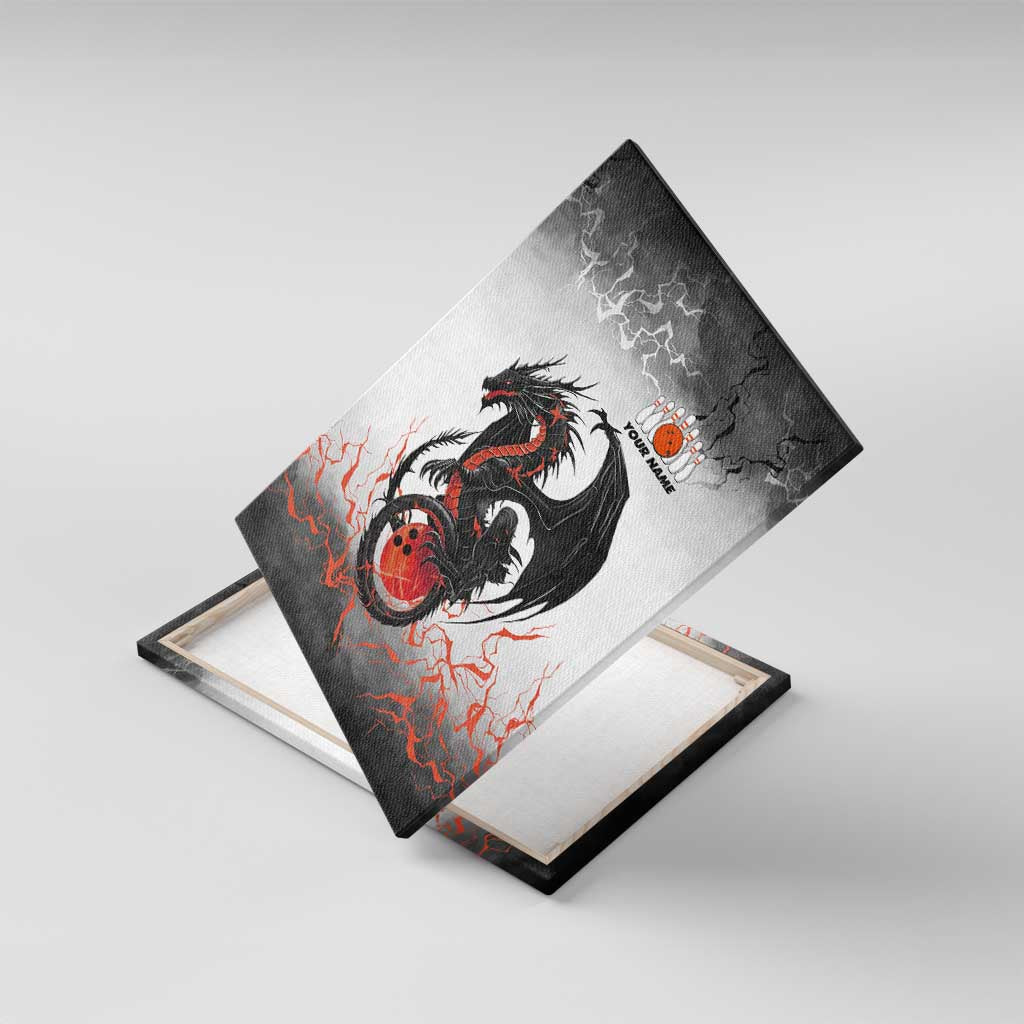 Custom Black Dragon Bowling Canvas Wall Art with Fiery Ball and Thunderstorm Lightning Pattern - Wonder Print Shop