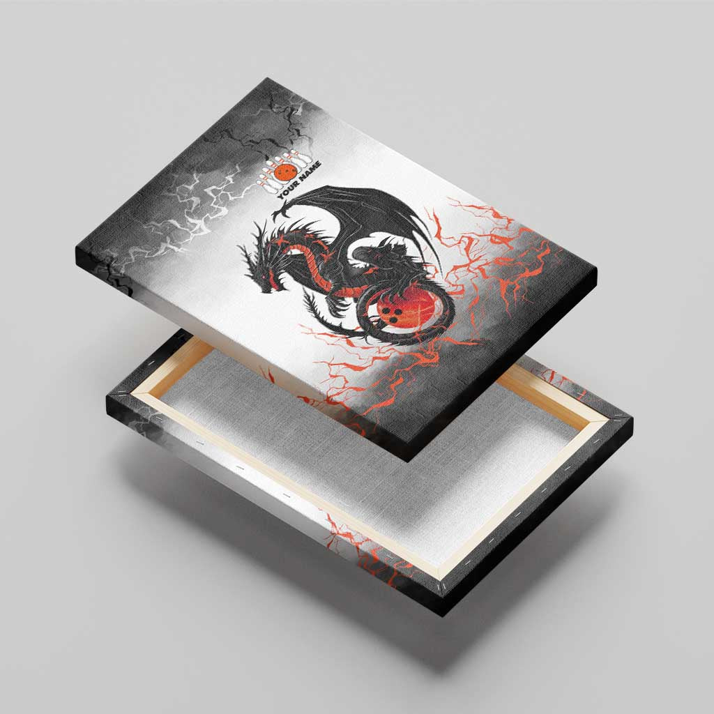 Custom Black Dragon Bowling Canvas Wall Art with Fiery Ball and Thunderstorm Lightning Pattern - Wonder Print Shop